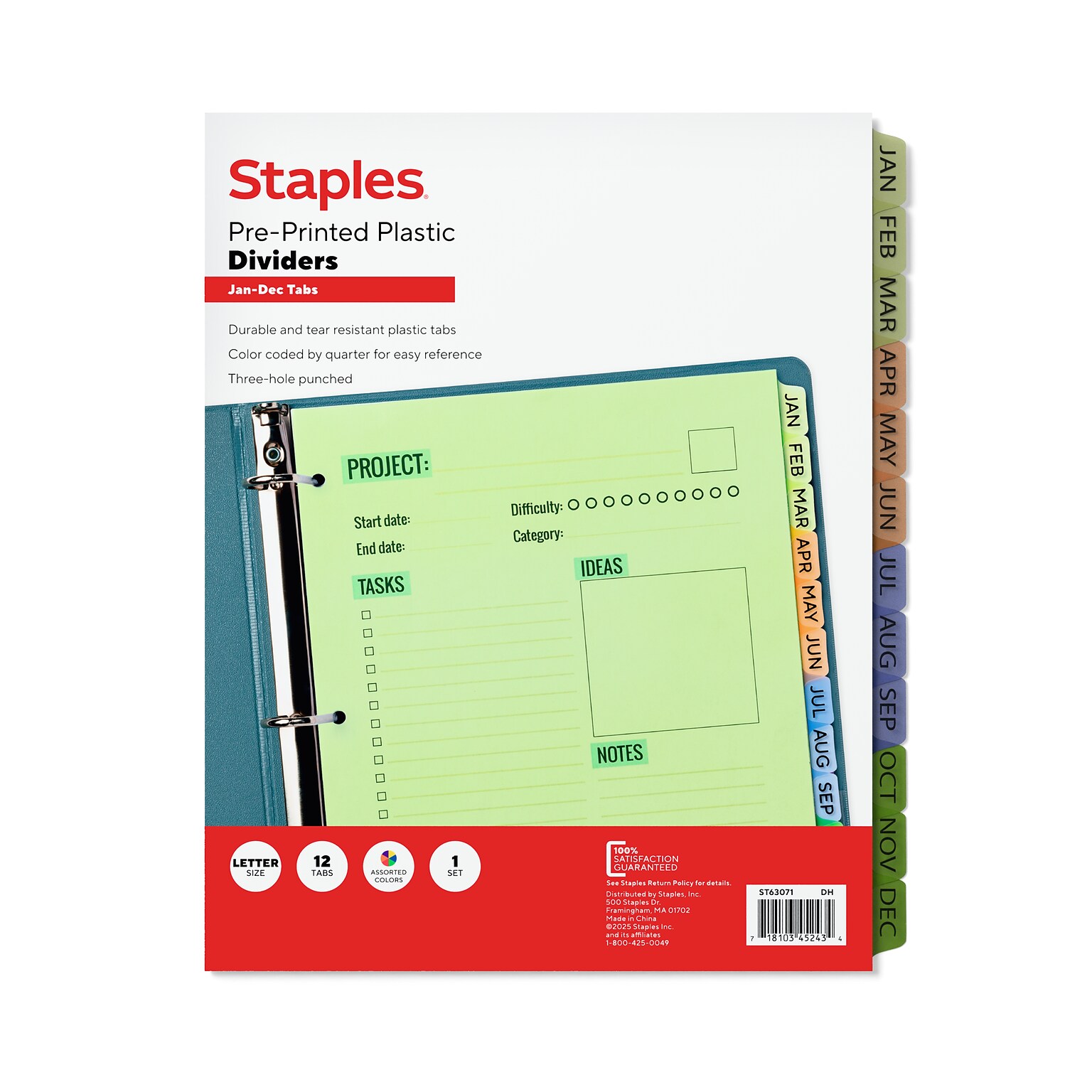 Staples Pre-Printed Monthly Plastic Dividers, Multicolor, 12-Tabs (ST63071)