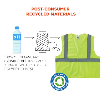 GloWear 8205HL-ECO High Visibility Sleeveless Vest, ANSI Type R Class 2, Lime, L/XL, (21985)