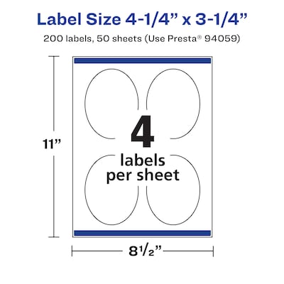 Avery Oval Laser/Inkjet Multipurpose Labels, 4.25" x 3.25", White,200 Labels/Pack (94059)