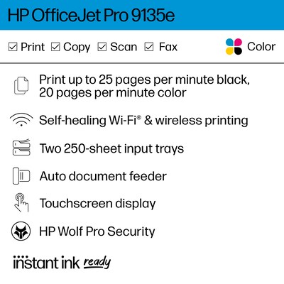 HP OfficeJet Pro 9135e Wireless All-in-One Color Inkjet Printer Scanner Copier, Best for Home Office, 3 months FREE INK (404M0A)