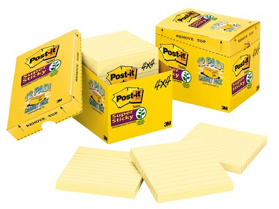 Post-it® Super Sticky Notes, 4 x 4, Canary Yellow, Lined, 90 Sheets/Pad, 12 Pads/Pack (675-12SSCP)