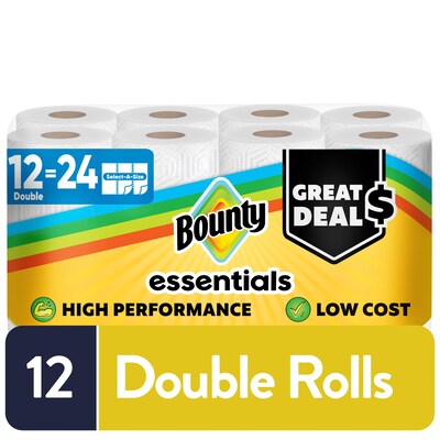 Bounty Essentials Select-A-Size Double Roll Paper Towels, 2-ply, White, 108 Sheets/Roll, 12 Rolls/Pack (11093)