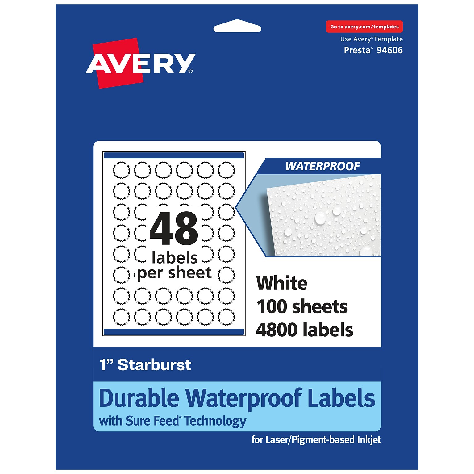Avery Laser/Inkjet Starburst Waterproof Multipurpose Labels, 1  Dia, White, 4800/Box (94606)