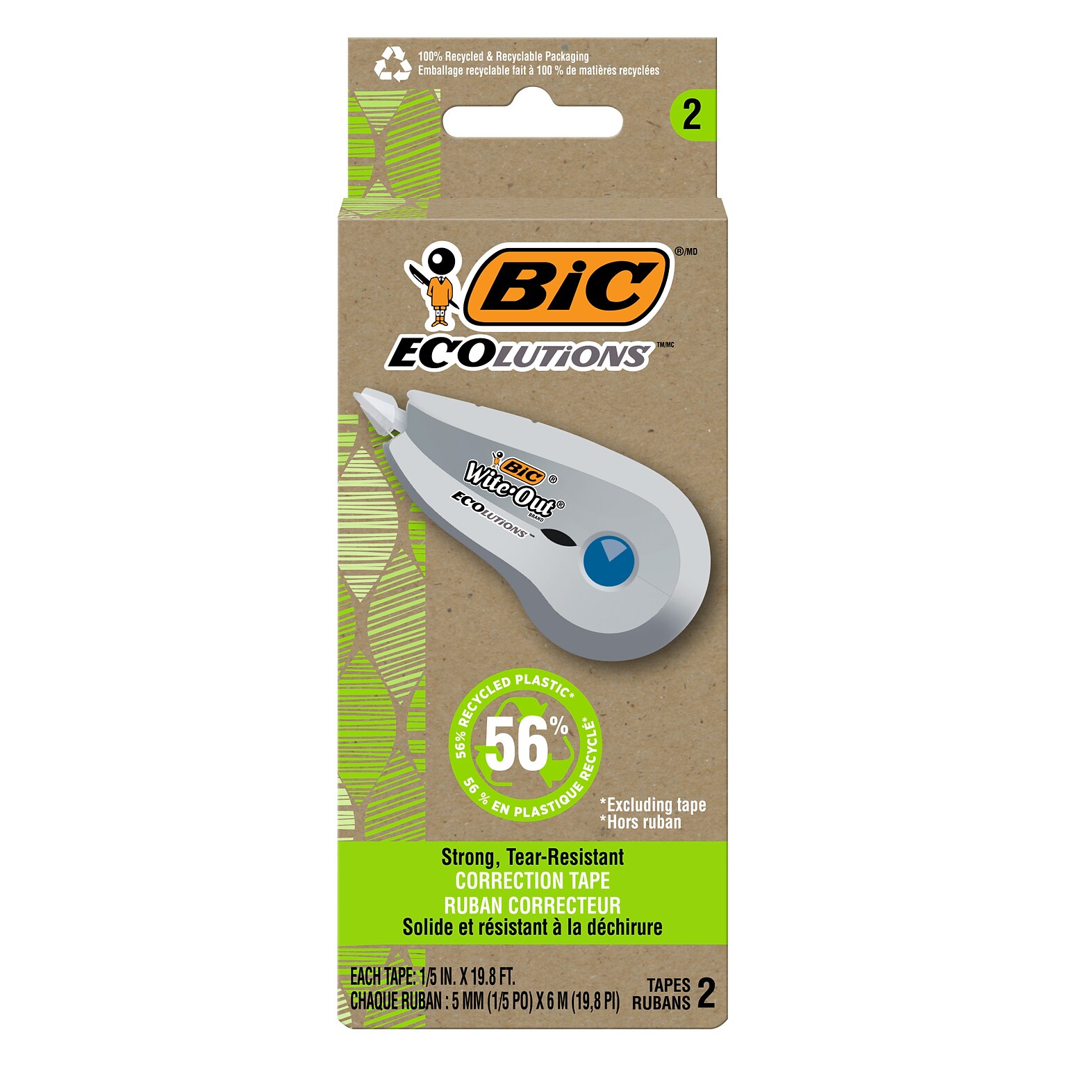 BIC Ecolutions Wite-Out Brand Correction Tape, White, 2/Pack (WOET21-WHI)