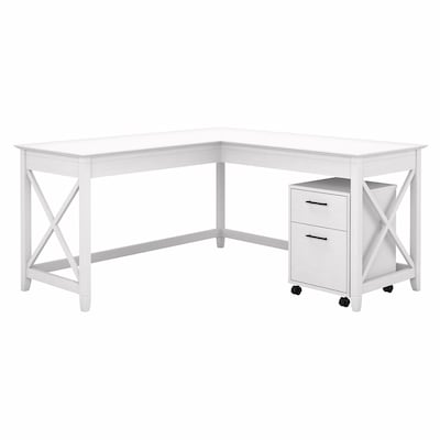 Bush Furniture Key West 60W L Shaped Desk with 2 Drawer Mobile File Cabinet, Pure White Oak (KWS013