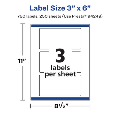 Avery Laser/Inkjet Rectangle Multipurpose Labels, 3" x 6", White, 750 Labels/Box (94249)