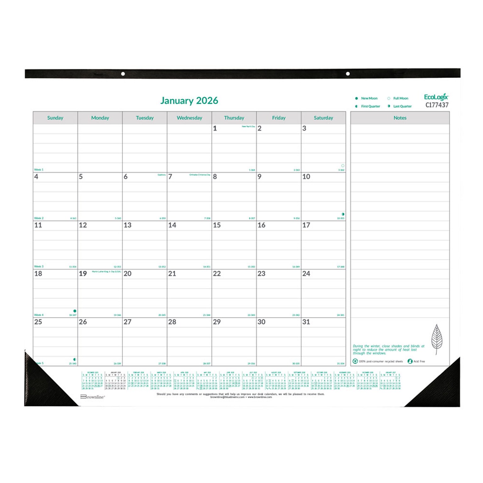 2026 Brownline EcoLogix 22 x 17 Monthly Desk or Wall Calendar, White/Green (C177437)