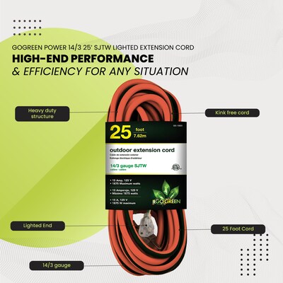 GoGreen Power 25' Indoor/Outdoor Extension Cord, 14 AWG, Orange (GG-13825)