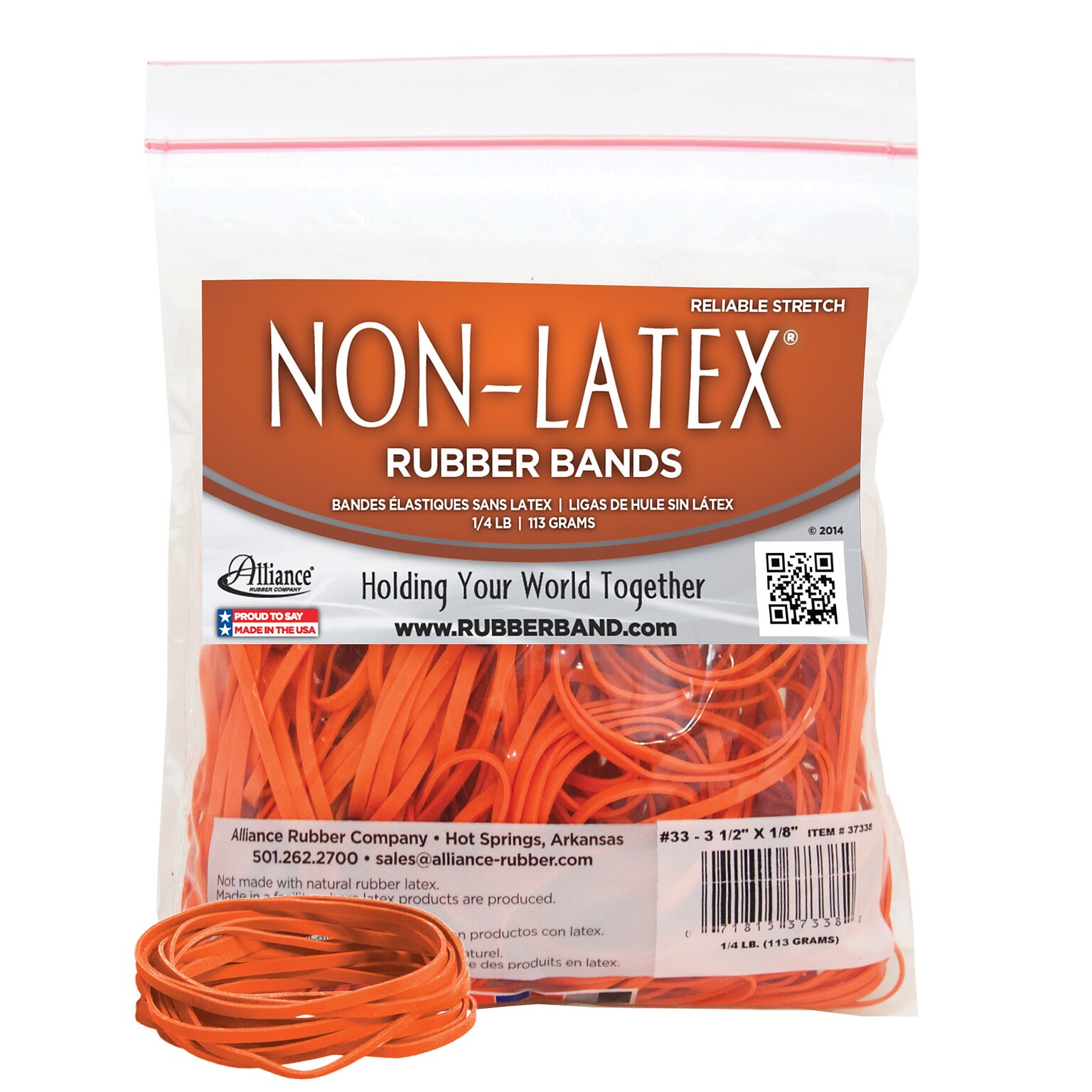 Alliance Non-Latex Multi-Purpose #33 Rubber Bands, 3-1/2 x 1/8, Non-Latex, Orange, 180/Pack (37338)