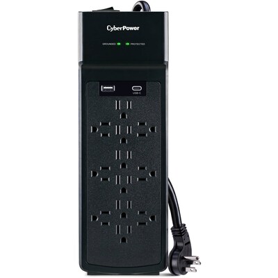 CyberPower 12-Outlet 2-USB Port Surge Protector, 6’, 3000 Joules, Black (CSP1206UC)