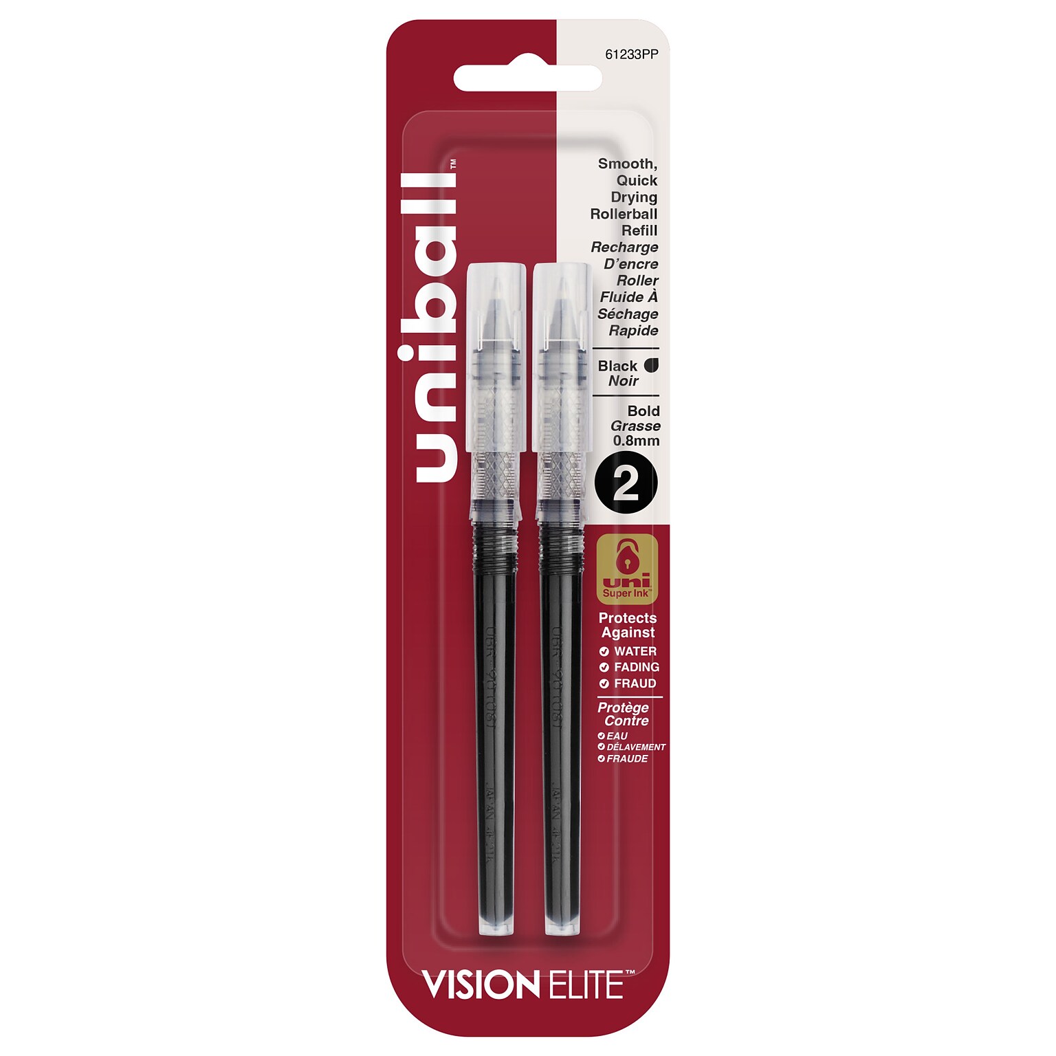 uni-ball Vision Elite Rollerball Pen Refills, Bold Point, 0.8mm, Black Ink, 2/Pack (61233)