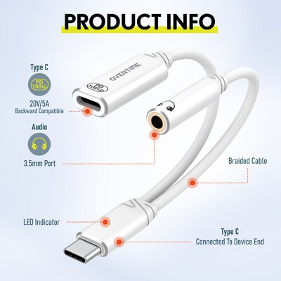 Overtime USB-C to 3.5mm Audio/USB-C 100W Charging Splitter Adapter, Male to Female/Female, White (OADCTC35WH)