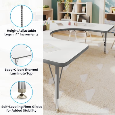 Flash Furniture Wren Horseshoe Activity Table, 66" x 60", Height Adjustable, White Top/Silver Frame (XUA6066HRSEWTP)
