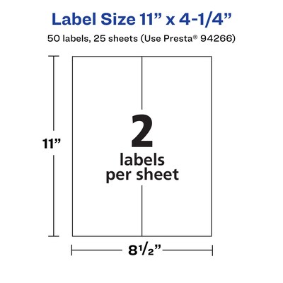 Avery Laser/Inkjet Rectangle Waterproof Multipurpose Labels, 4.25"  x 11", White, 50/Pack (94266)