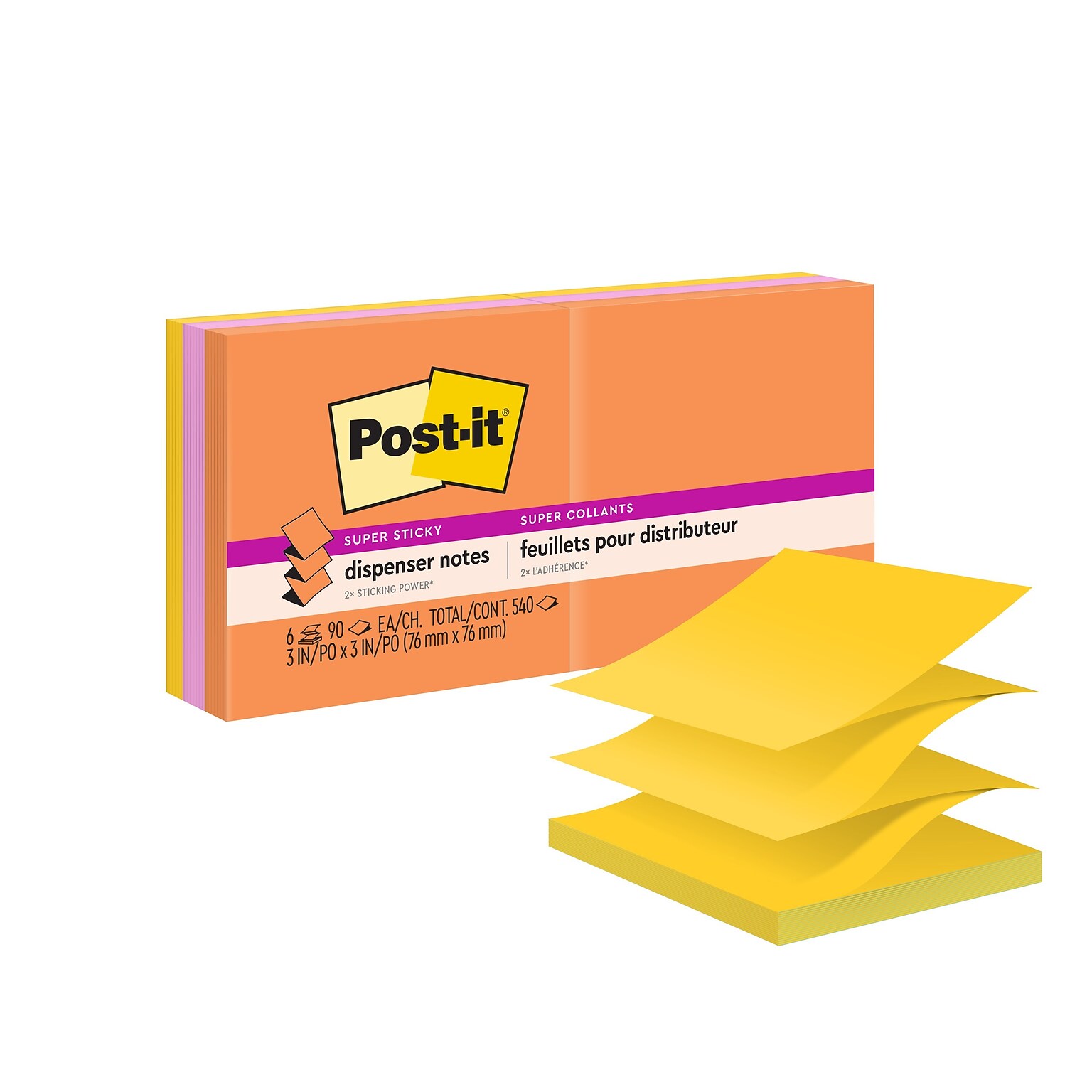 Post-it Super Sticky Pop-up Notes, 3 x 3, Energy Boost Collection, 90 Sheet/Pad, 6 Pads/Pack (R330-6SSUC)