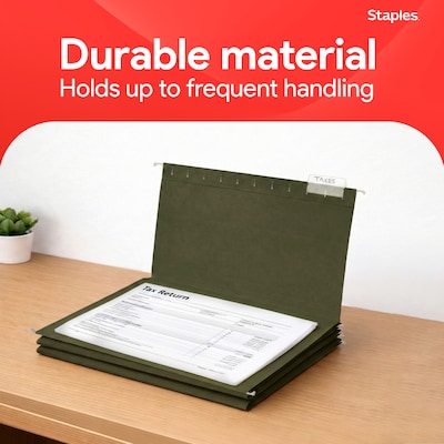 Staples 95% Recycled Hanging File Folder, 1/5-Cut Tab, Legal Size, Standard Green, 50/Box (ST490853/490853)