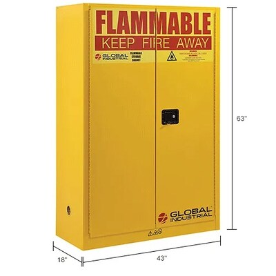 Global Industrial Flammable Cabinet, 45 Gallon Capacity, 43"W x 18"D x 65"H, Yellow (298541)