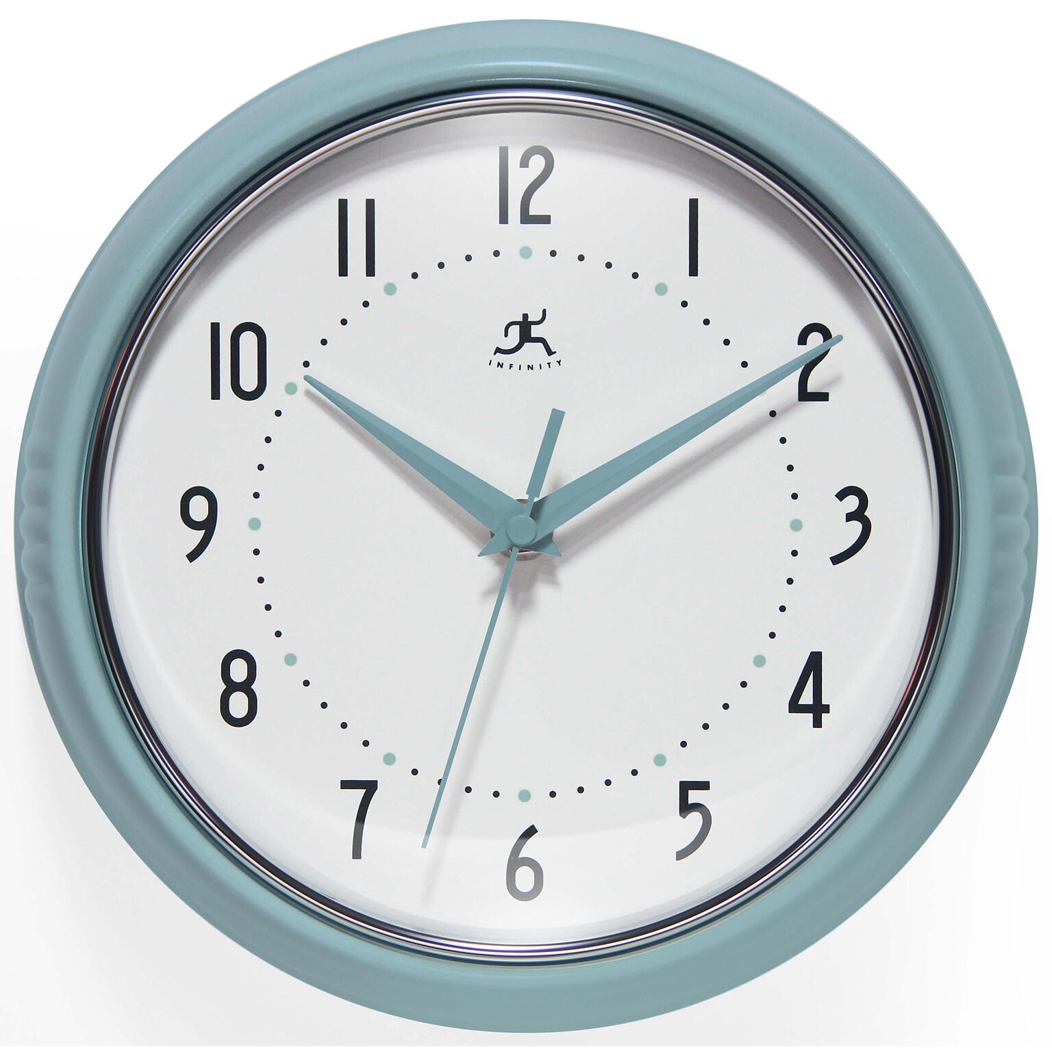 Infinity Instruments Round Retro Baby Blue Wall Clock, Aluminum, 9.5 (10940BB)