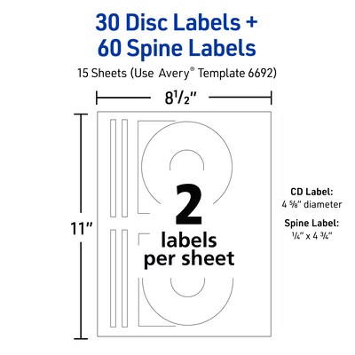 Avery Color Laser CD Labels, Matte White, 2 Labels/Sheet, 15 Sheets/Pack, 30 Labels/Pack (6692)