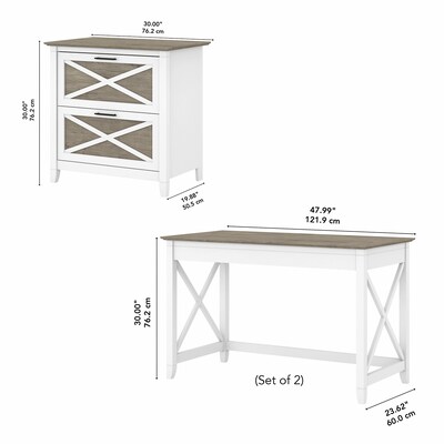 Bush Furniture Key West 48" 2-Person Writing Desk Set with Lateral File Cabinet, Shiplap Gray/Pure White (KWS047G2W)