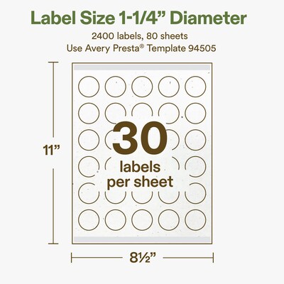 Avery Hemp Round Laser/Inkjet Multipurpose Labels, 1-1/4" Dia, Off-White (2400/Box)