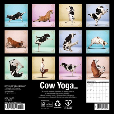 2026 Willow Creek Cow Yoga 7 x 7 Monthly Wall Calendar (53522)
