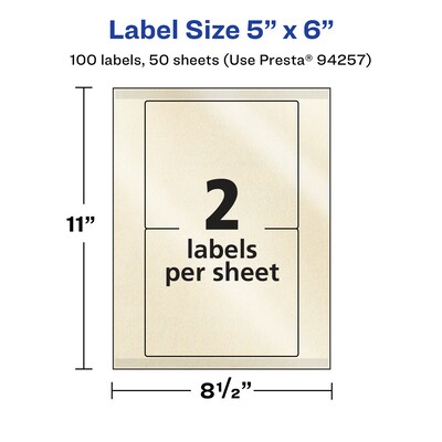 Avery Pearlized Ivory Rectangle Multipurpose Labels, 5" x 6", Ivory, 100/Box (94257)