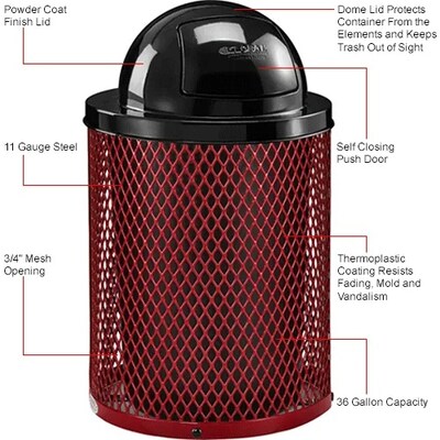 Global Industrial Outdoor Diamond Steel Trash Can w/ Dome Lid, 36 Gallon, Red (261948RD)