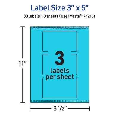 Avery Printable Rectangle Multipurpose Labels, 3" x 5", Bright Blue, 30/Pack (94213)