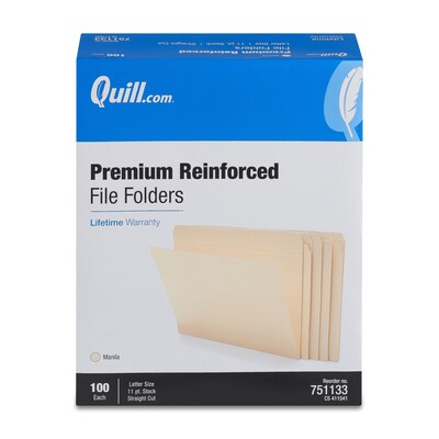 Quill Brand® Premium Reinforced File Folders, Straight Cut, Letter Size, Manila, 100/Box (751133)