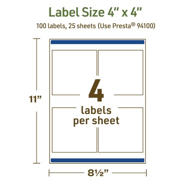 Avery Dissolvable Square Multipurpose Labels, 4" x 4", Off-white, 100/Pack (94100)