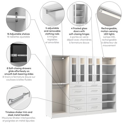 Bestar Florence Walk-In Closet Organizer System, 16 Shelves, 8 Drawers, 100"W x 25"D, White (127622-000017)