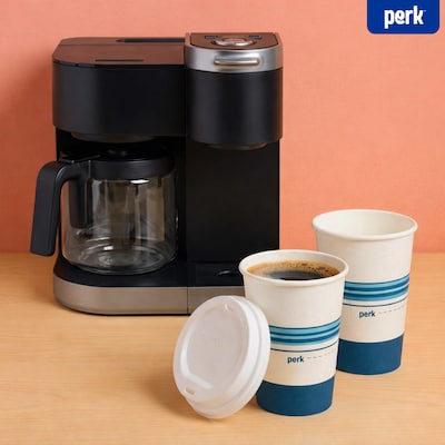 Perk™ Paper Cup & Lid Combo, 12 Oz., White/Blue, 50/Pack (PK54365)