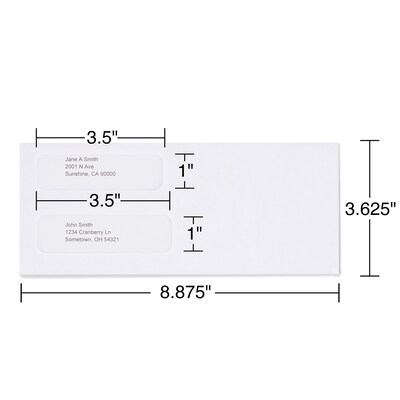 Staples Laser Check Gummed Security Tinted #9 Double-Window Envelopes, 3 5/8" x 8 7/8", Wove White, 500/Box (394062/19045)