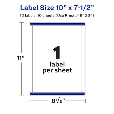 Avery Laser/Inkjet Rectangle Waterproof Multipurpose Labels, 7.5"  x 10", White, 10/Pack (94264)