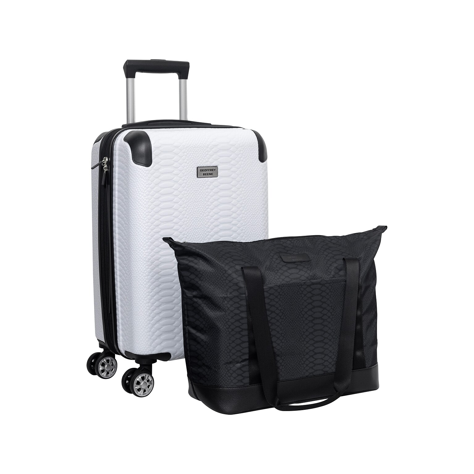 Geoffrey Beene 2-Piece Hardside Snake Skin Spinner Luggage Set, White/Black Animal Print (GB45-2)