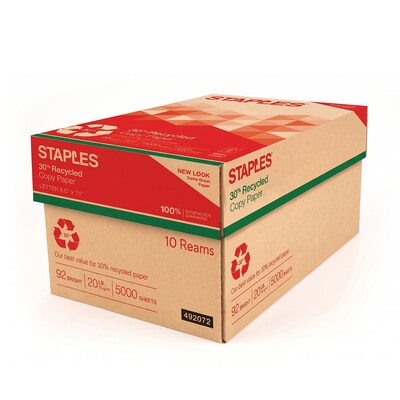 Staples 30% Recycled 8.5 x 11 (US letter) Copy Paper, 20 lbs., 92 Brightness, 5000/Carton (112350/461757)