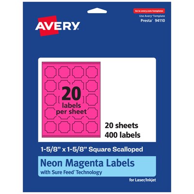 Avery Square Scalloped Laser/Inkjet Multipurpose Labels, 1-5/8 x 1-5/8, Neon Magenta (400/Pack)