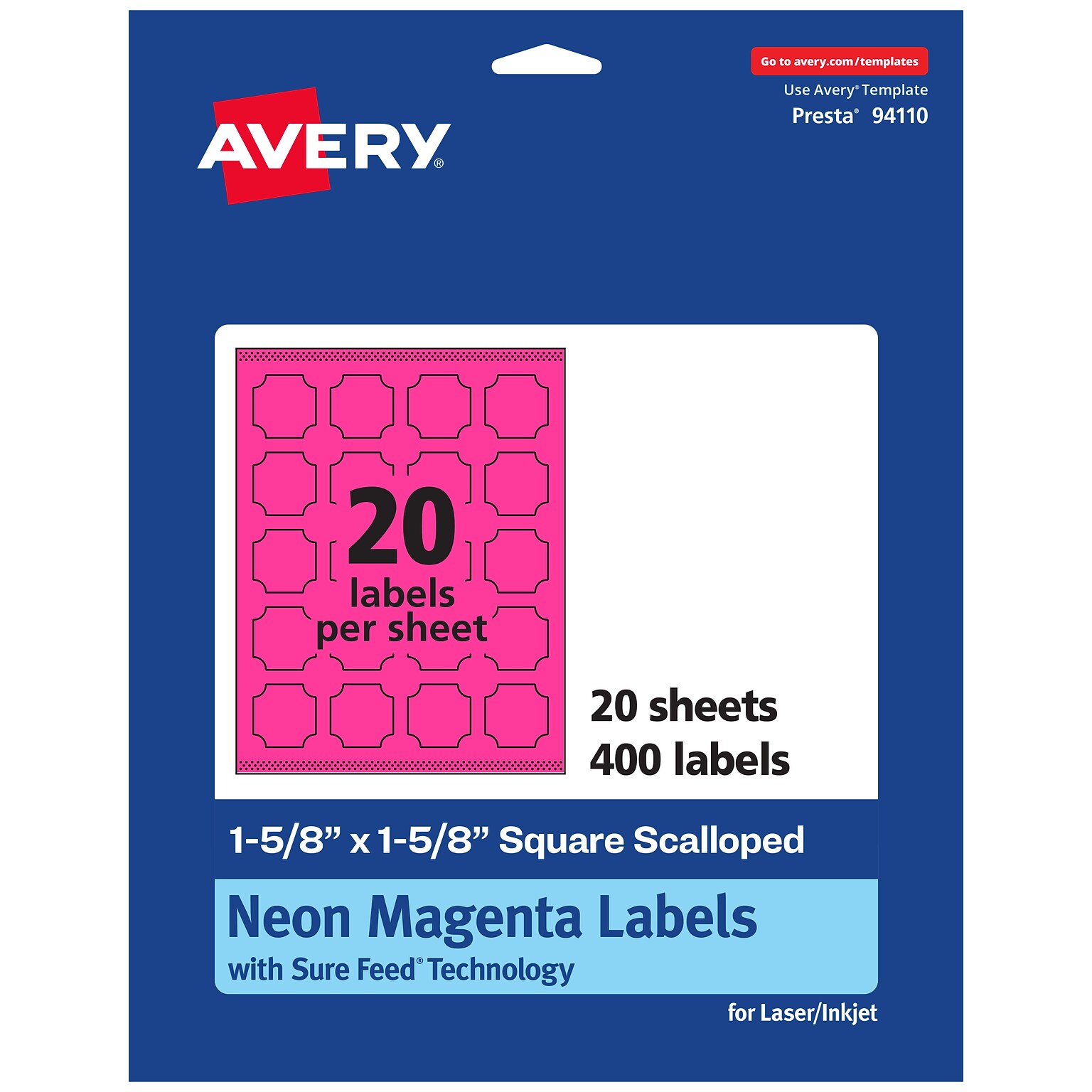 Avery Square Scalloped Laser/Inkjet Multipurpose Labels, 1-5/8 x 1-5/8, Neon Magenta (400/Pack)