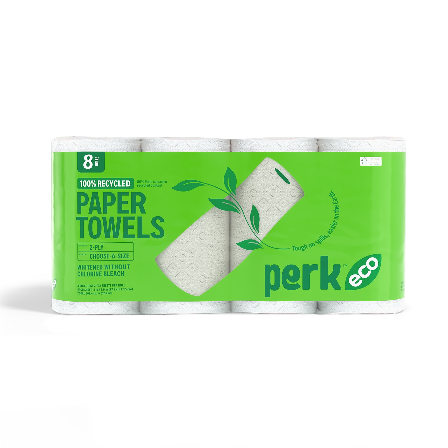 Perk™ Eco Recycled Paper Towels, 2-ply, 156 Sheets/Roll, 8 Rolls/Pack (PK63227)