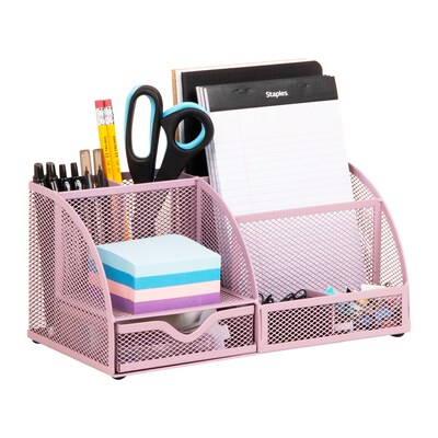 Staples 7-Compartment Metal Mesh Desk Organizer, Dusty Pink (ST63824)