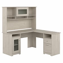 Bush Furniture Cabot 60W L Shaped Computer Desk with Hutch and Storage, Linen White Oak (CAB001LW)