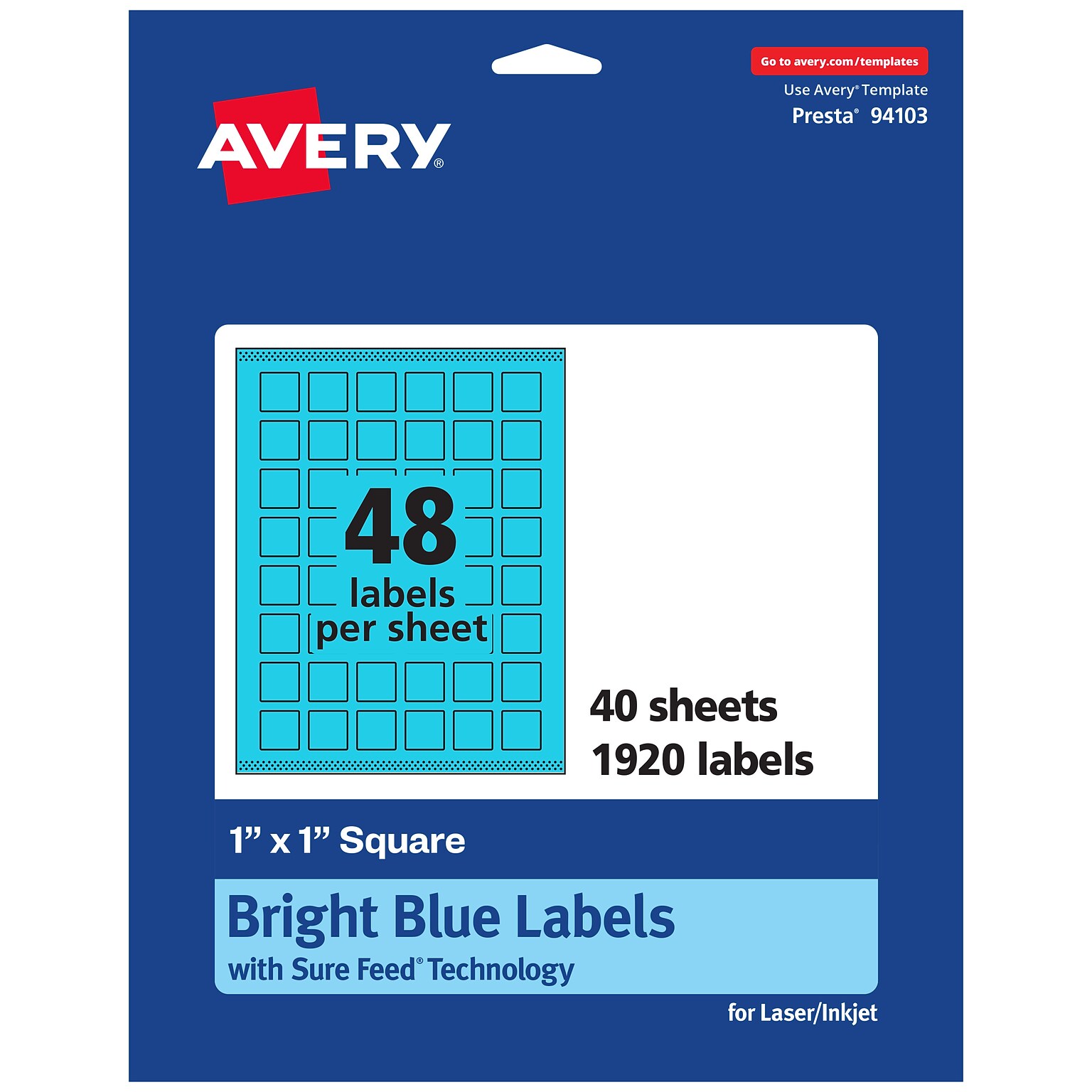 Avery Laser/Inkjet Multipurpose Square Labels, 1 x 1, Bright Blue, 1920/Pack (94103)