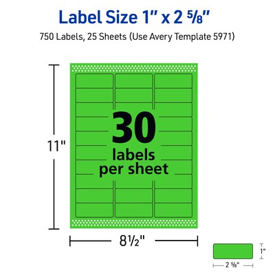 Avery Sure Feed Laser Address Labels, 1" x 2 5/8", Neon Green, 750 Labels/Pack (5971)