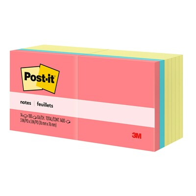 Post-it® Notes, 3" x 3", Canary Yellow and Poptimistic Collection, 100 Sheets/Pad, 14 Pads/Pack (654-14YWM)