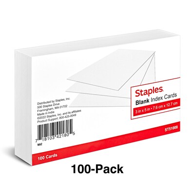 Staples 3 x 5 Index Cards, Blank, White, 100/Pack (TR51008)