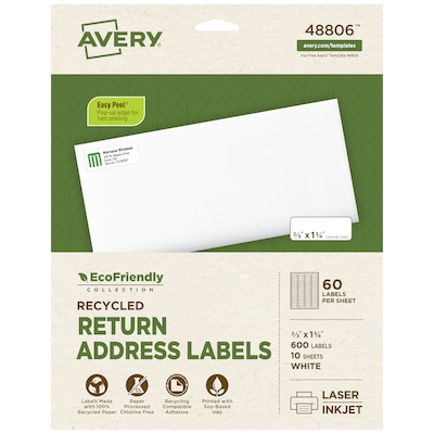 Avery EcoFriendly Return Address Labels, Matte White, 2/3 x 1-3/4, Laser/Inkjet, 60 Labels/Sheet, 600 Labels Total (48806)