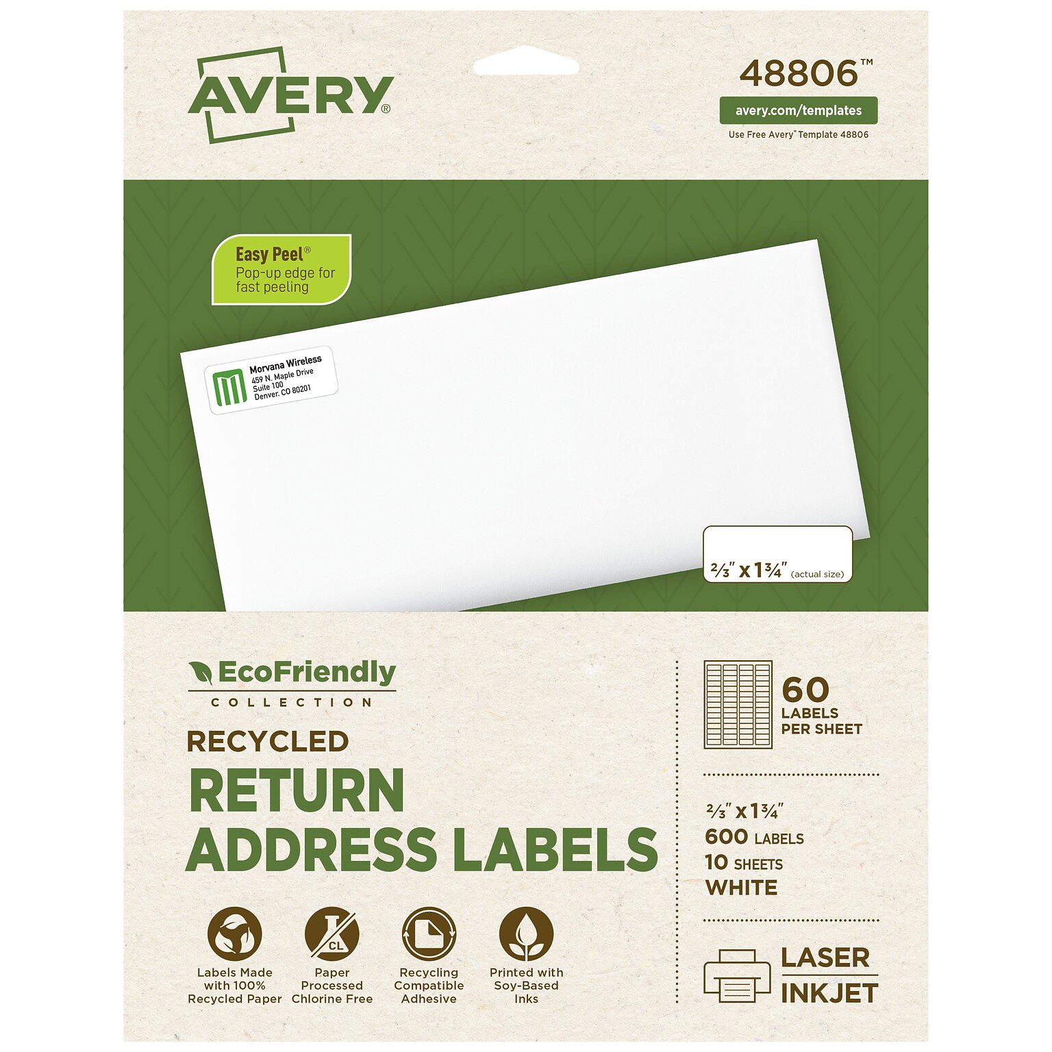Avery EcoFriendly Return Address Labels, Matte White, 2/3 x 1-3/4, Laser/Inkjet, 60 Labels/Sheet, 600 Labels Total (48806)