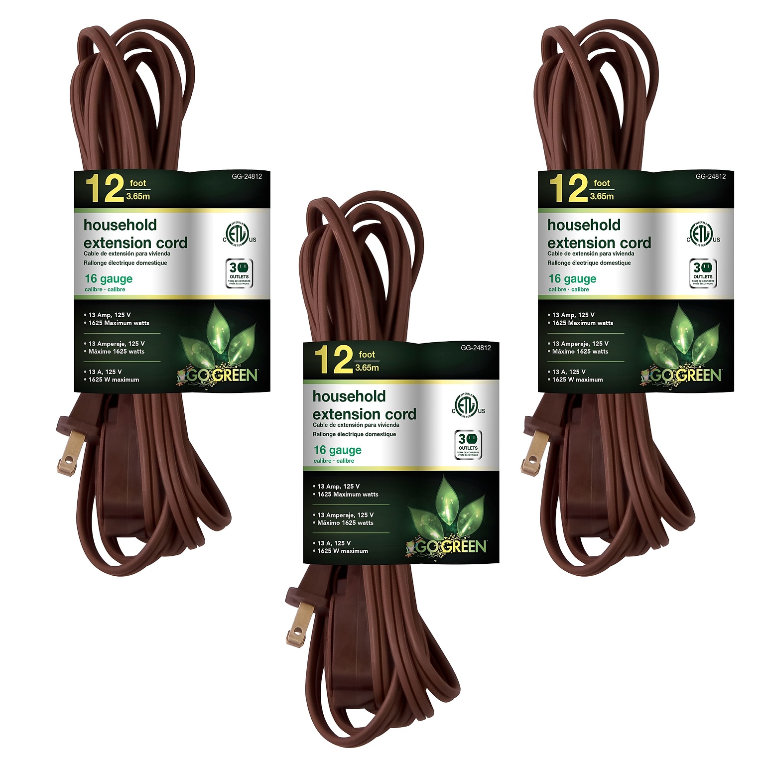 GoGreen Power 12 Extension Cord, 3-Outlet, 16 AWG, Brown (GG-24812-3)