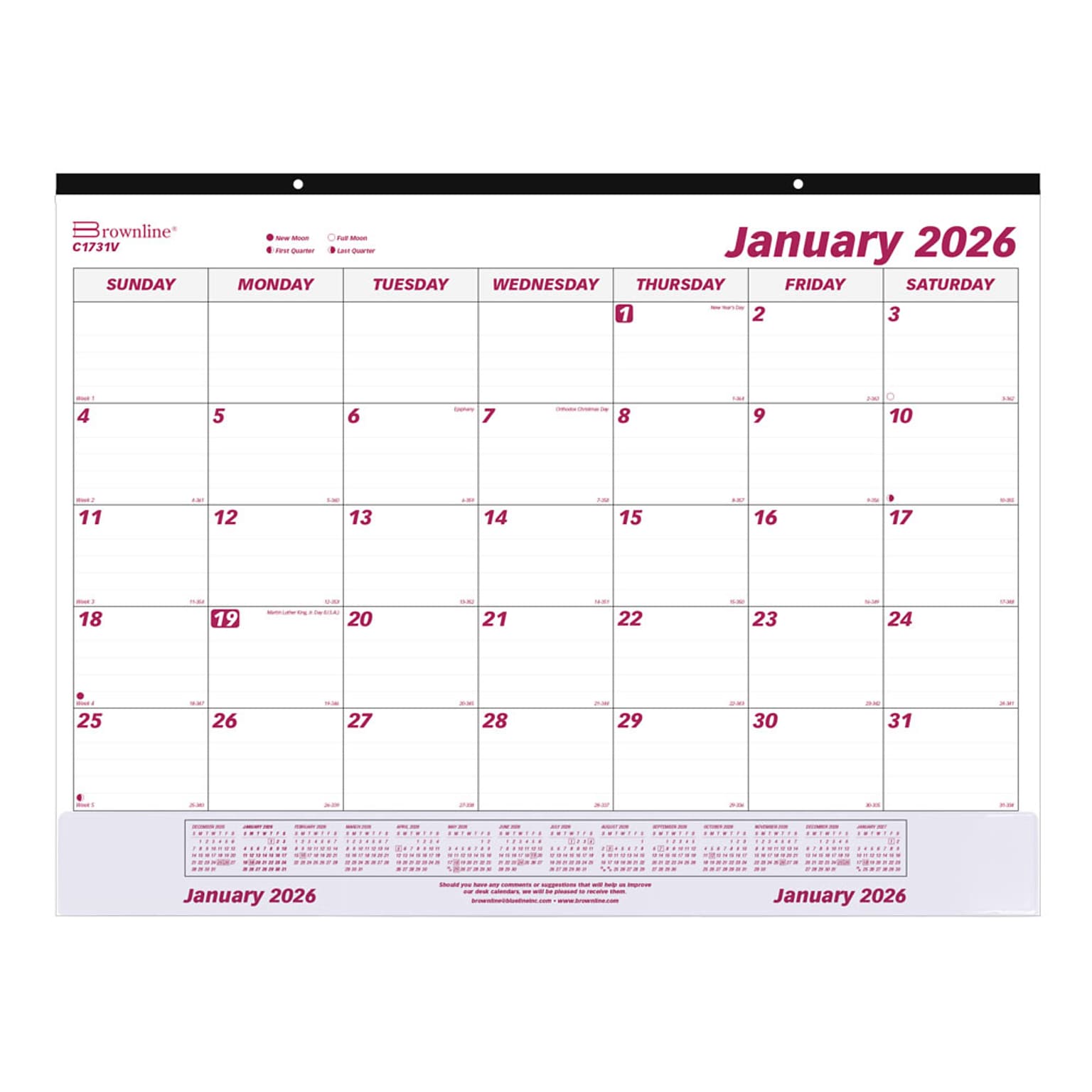 2026 Brownline Classic 22 x 17 Monthly Desk Pad Calendar, Burgundy/White (C1731V)